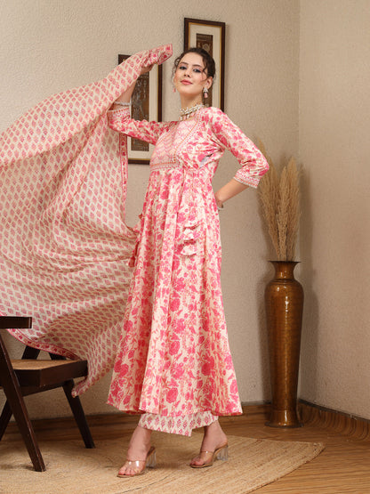 Cotton Calf Length Printed Flared 3/4 Sleeves Round Kurta, Bottom With Dupatta