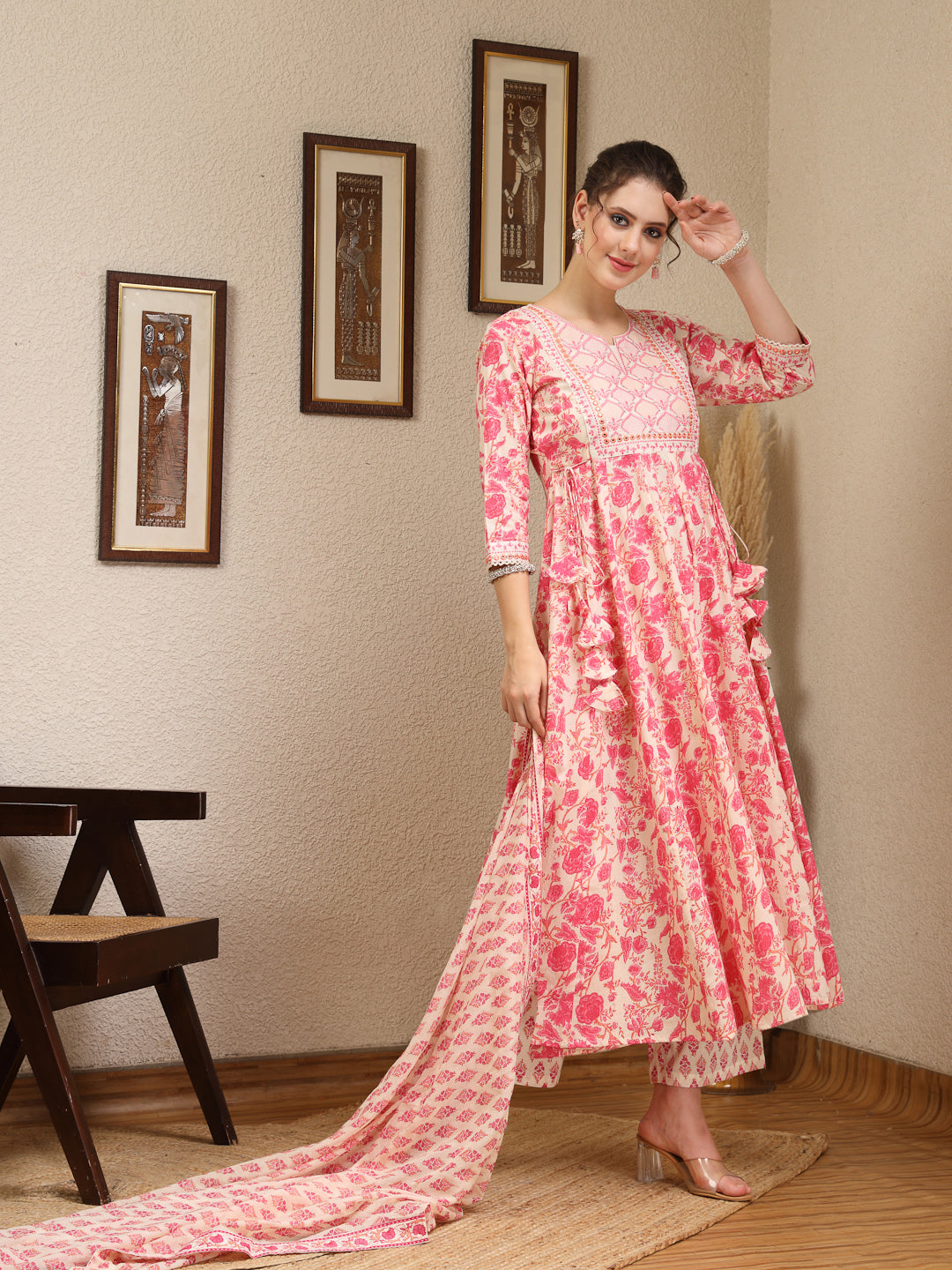 Cotton Calf Length Printed Flared 3/4 Sleeves Round Kurta, Bottom With Dupatta