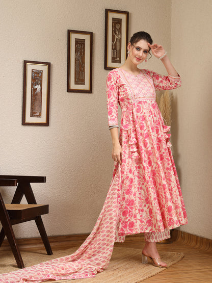 Cotton Calf Length Printed Flared 3/4 Sleeves Round Kurta, Bottom With Dupatta