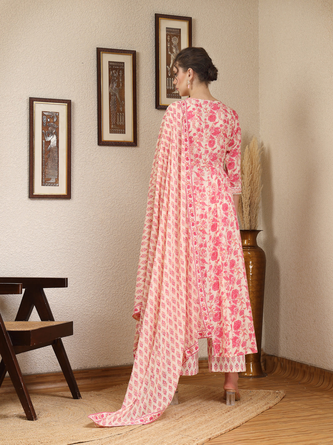 Cotton Calf Length Printed Flared 3/4 Sleeves Round Kurta, Bottom With Dupatta