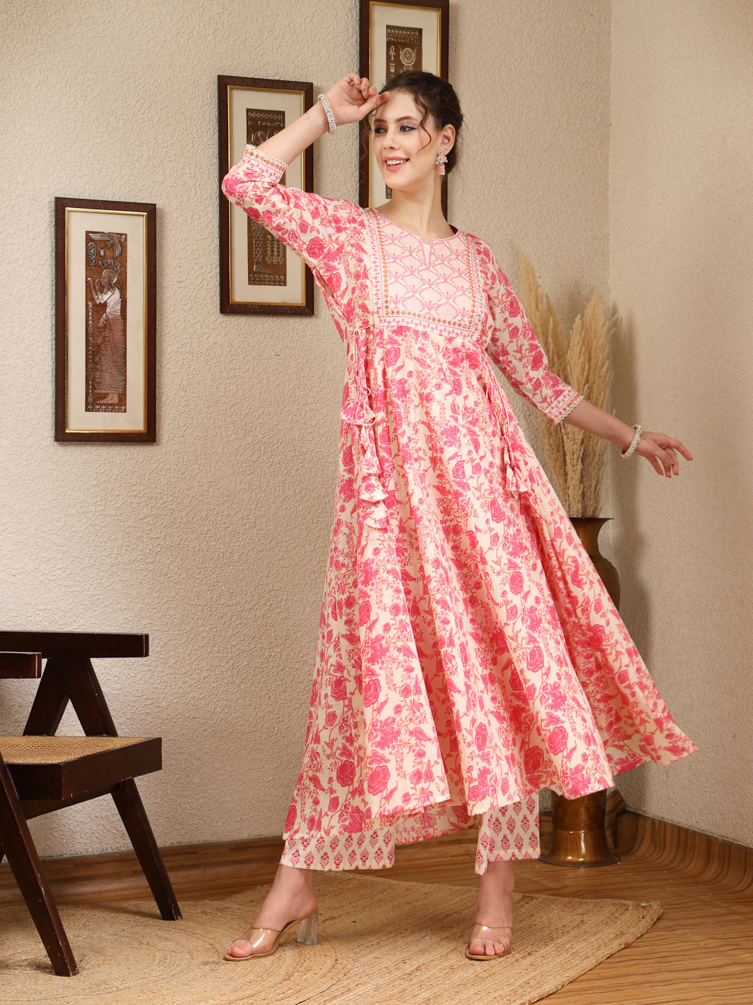 Cotton Calf Length Printed Flared 3/4 Sleeves Round Kurta, Bottom With Dupatta