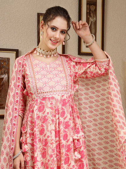 Cotton Calf Length Printed Flared 3/4 Sleeves Round Kurta, Bottom With Dupatta