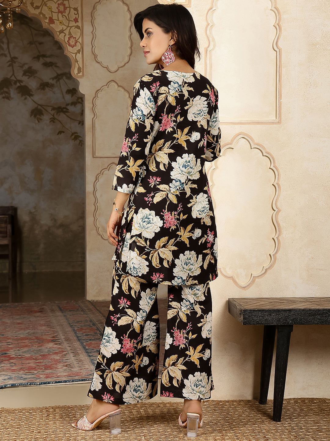 Cotton Hip Length Printed Straight 3/4 Sleeves Round Neck Kurta Bottom Set