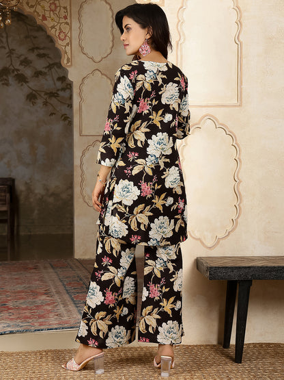 Cotton Hip Length Printed Straight 3/4 Sleeves Round Neck Kurta Bottom Set