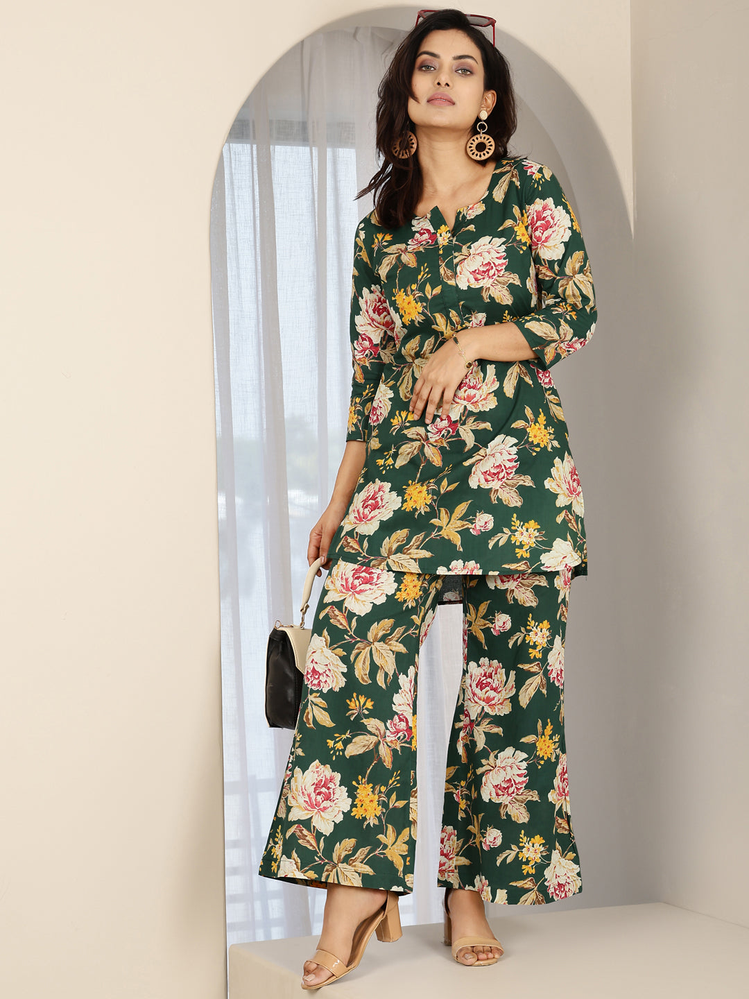 Cotton Hip Length Printed Straight 3/4 Sleeves Round Neck Kurta Bottom Set (Preorder)