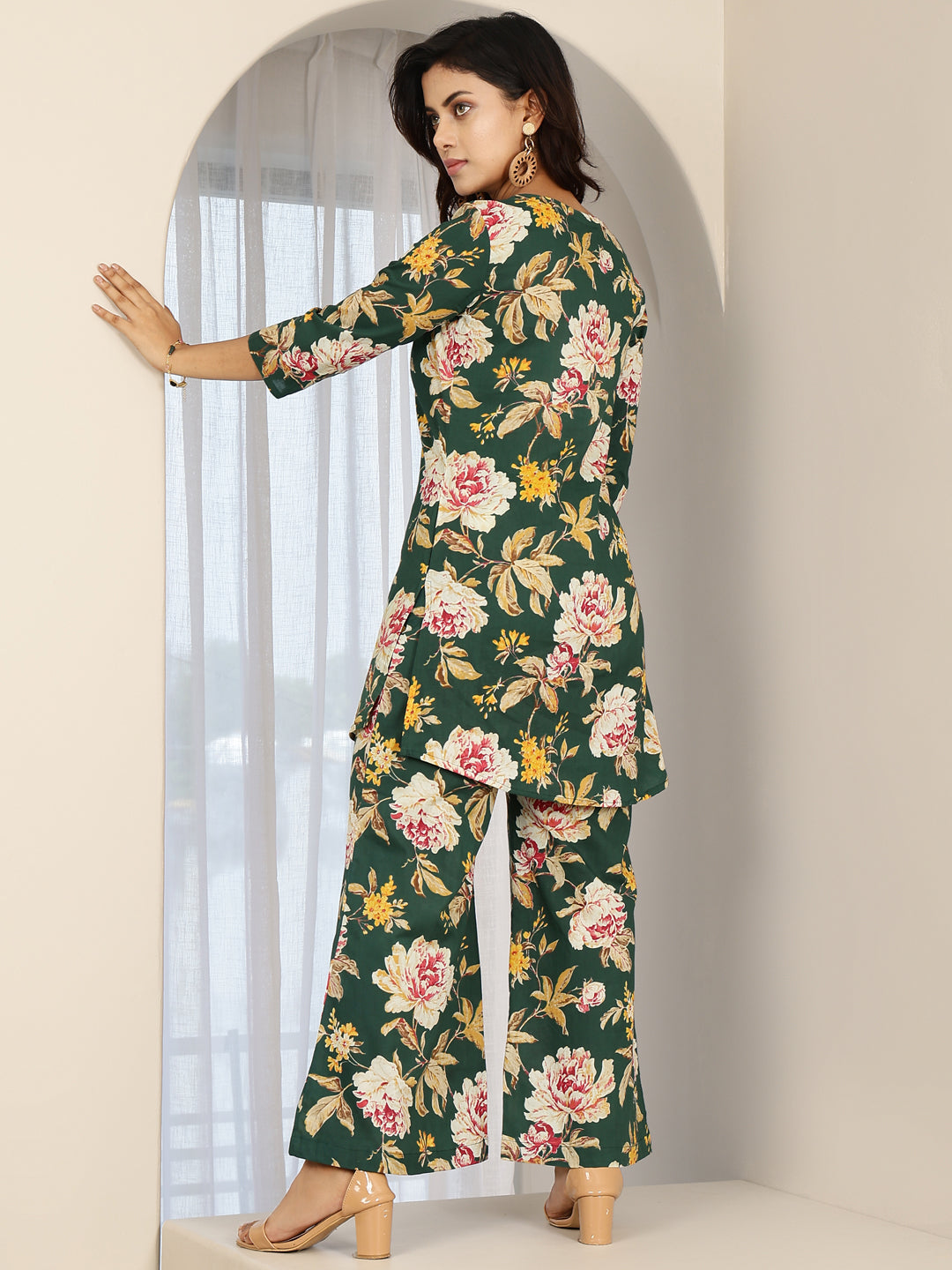 Cotton Hip Length Printed Straight 3/4 Sleeves Round Neck Kurta Bottom Set (Preorder)