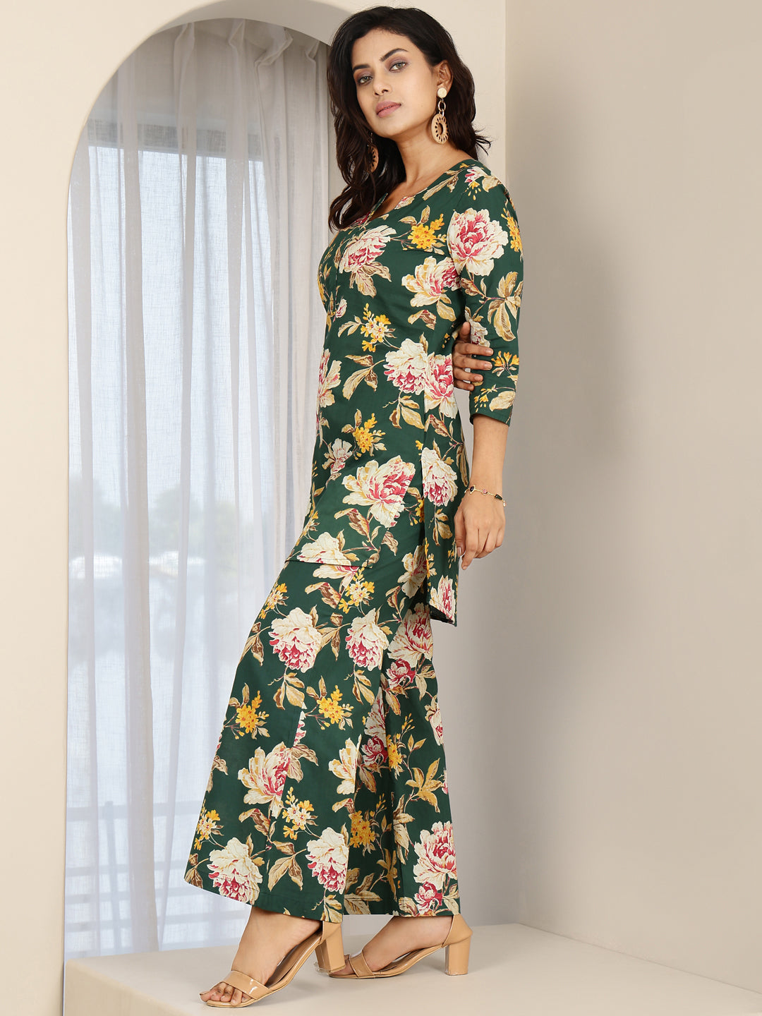 Cotton Hip Length Printed Straight 3/4 Sleeves Round Neck Kurta Bottom Set (Preorder)
