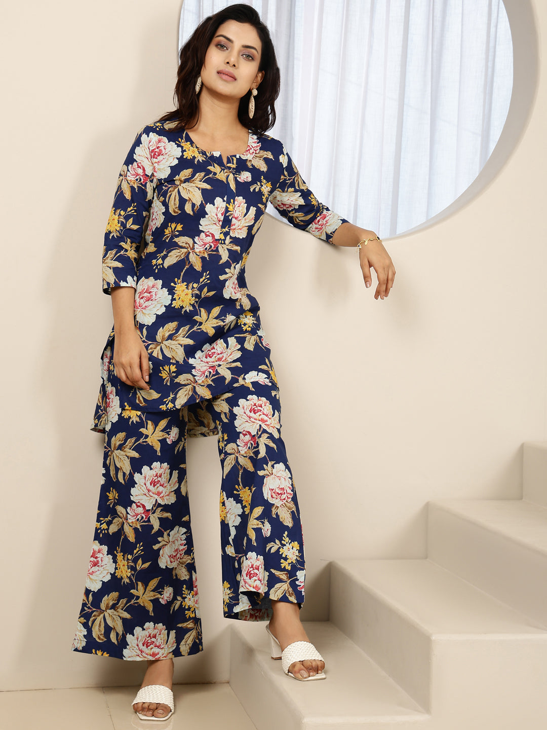Cotton Hip Length Printed Straight 3/4 Sleeves Round Neck Kurta Bottom Set (Preorder)
