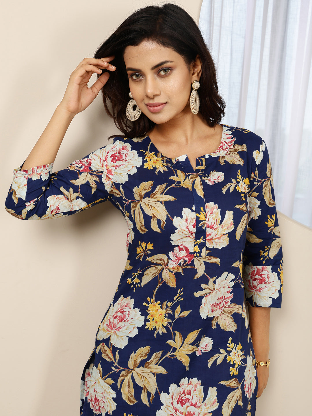 Cotton Hip Length Printed Straight 3/4 Sleeves Round Neck Kurta Bottom Set (Preorder)