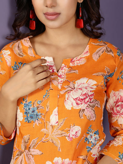 Cotton Hip Length Printed Straight 3/4 Sleeves Round Neck Kurta Bottom Set (Preorder)