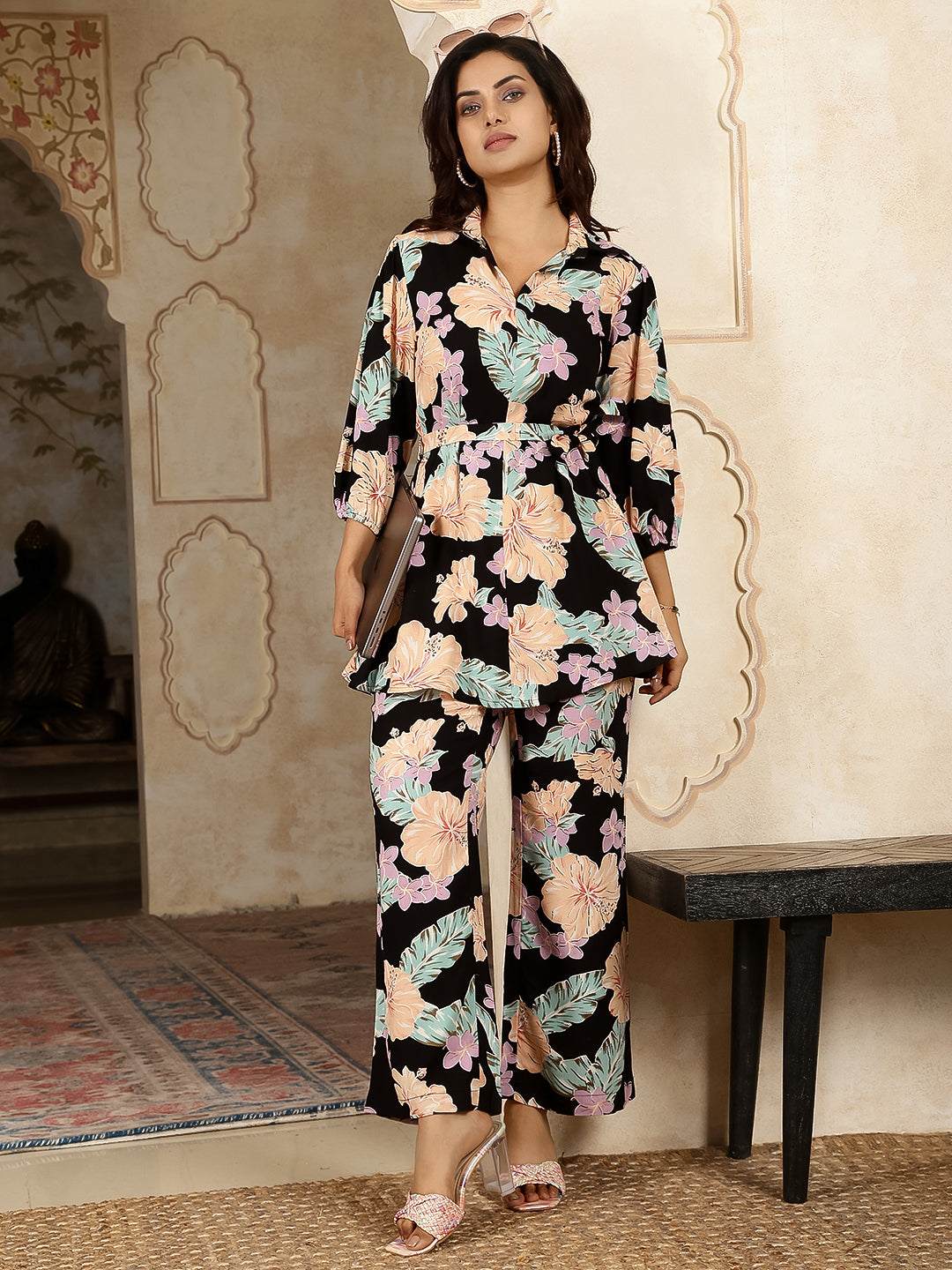 Cotton Hip Length Printed Straight 3/4 Sleeves Collar Neck Kurta Bottom Set