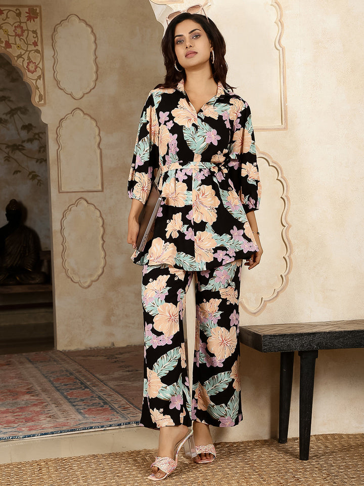 Cotton Hip Length Printed Straight 3/4 Sleeves Collar Neck Kurta Bottom Set