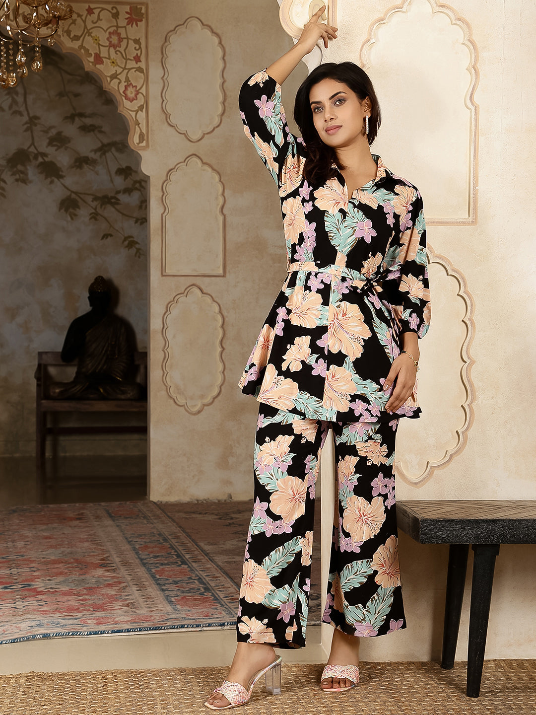Cotton Hip Length Printed Straight 3/4 Sleeves Collar Neck Kurta Bottom Set