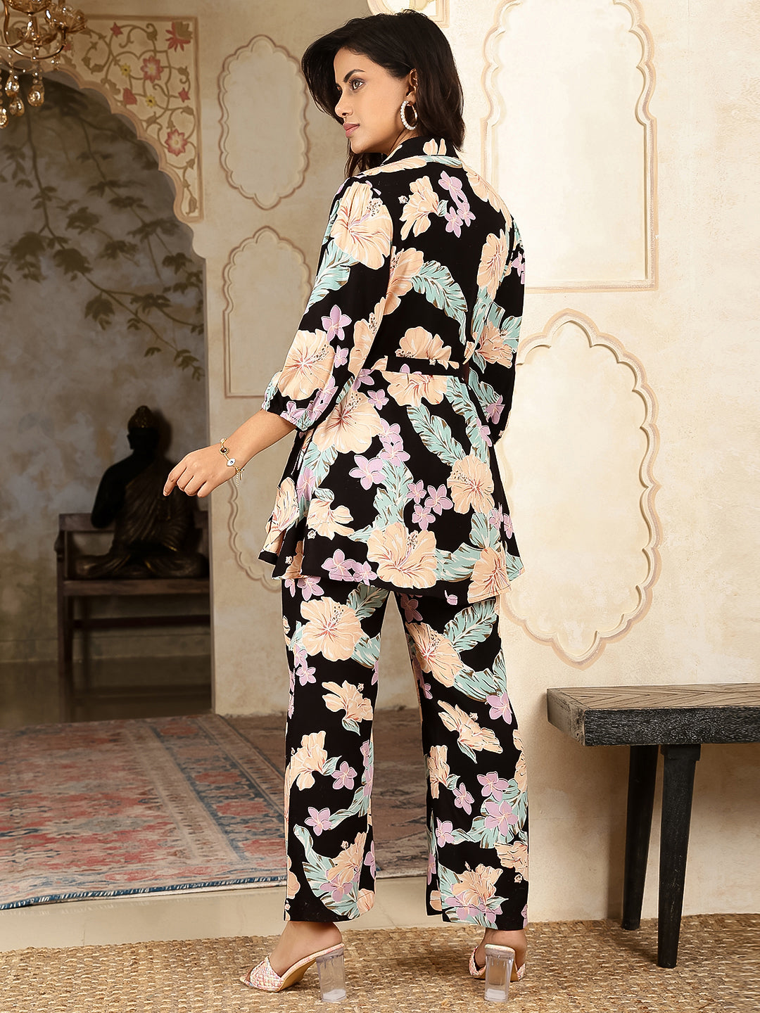 Cotton Hip Length Printed Straight 3/4 Sleeves Collar Neck Kurta Bottom Set