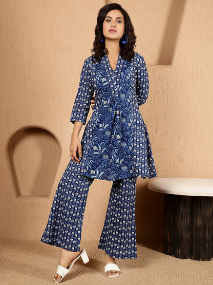Cotton Hip Length Printed Straight 3/4 Sleeves V-Neck Kurta Bottom Set (Preorder)