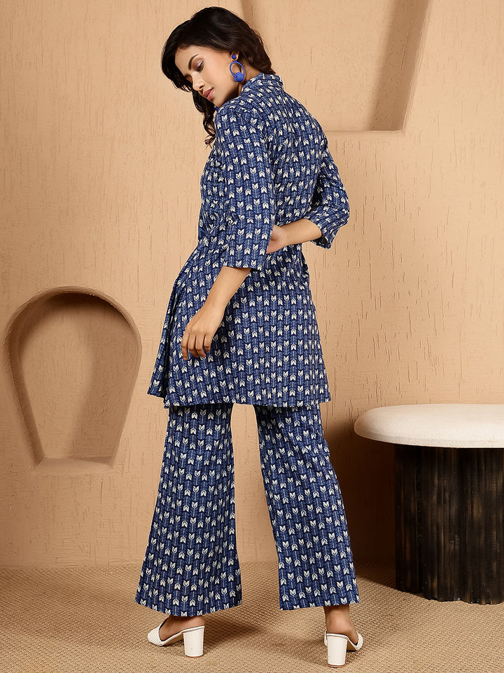 Cotton Hip Length Printed Straight 3/4 Sleeves V-Neck Kurta Bottom Set