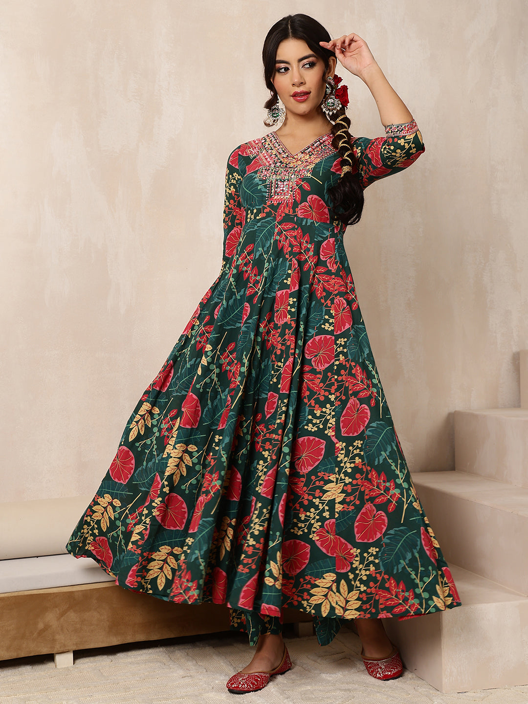 Cotton Calf Length Printed Flared 3/4 Sleeves V-Neck Kurta Bottom