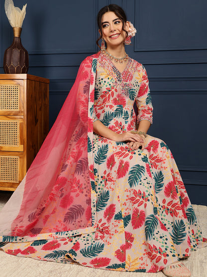 Cotton Calf Length Printed Flared 3/4 Sleeves V-Neck Kurta Bottom Dupatta Set