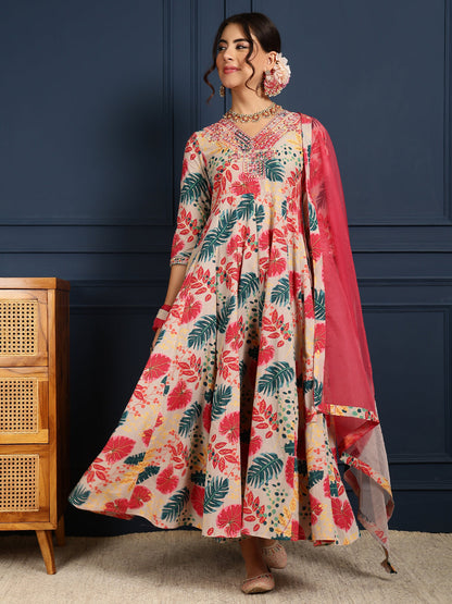 Cotton Calf Length Printed Flared 3/4 Sleeves V-Neck Kurta Bottom Dupatta Set