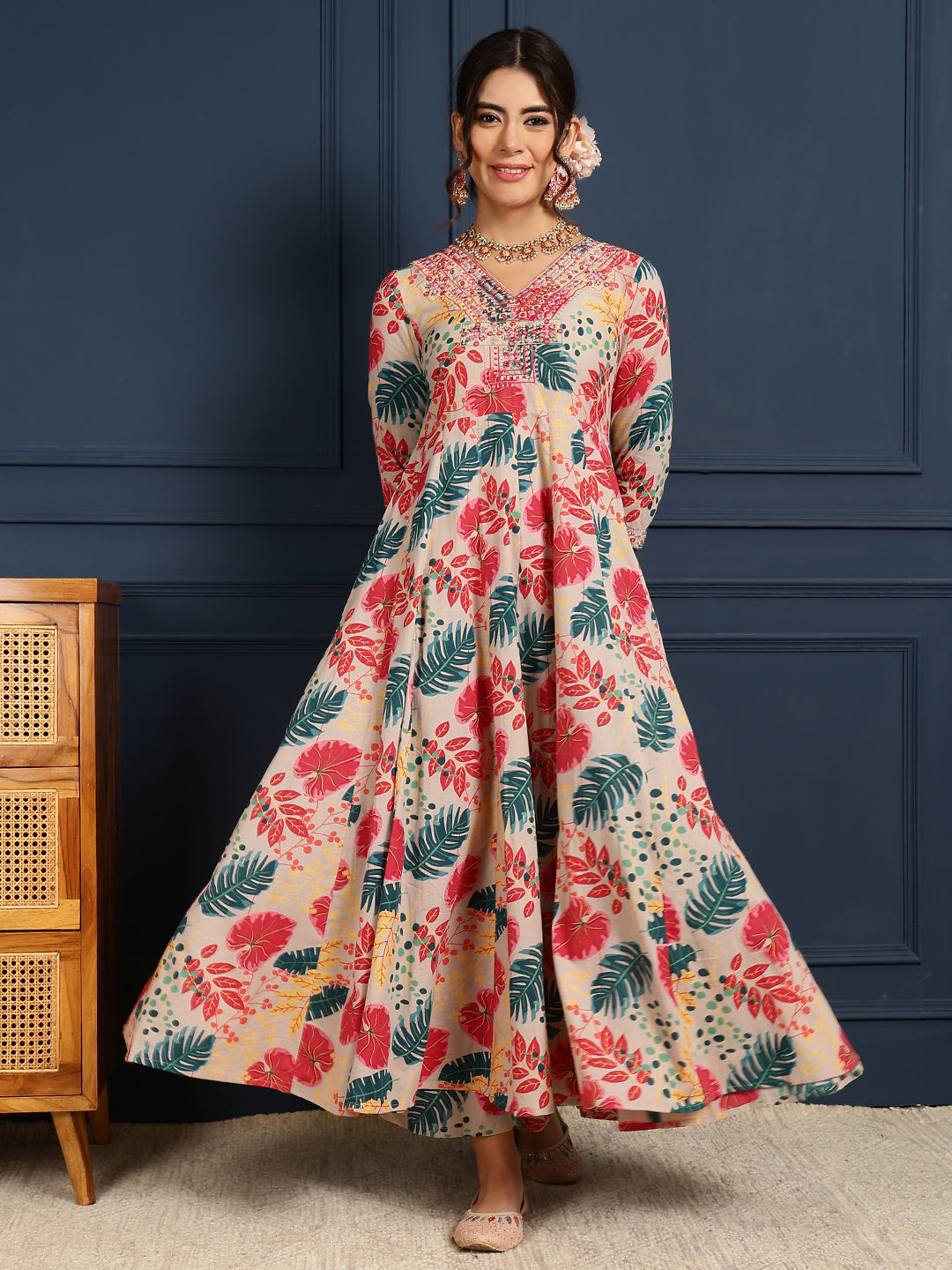 Cotton Calf Length Printed Flared 3/4 Sleeves V-Neck Kurta Bottom Dupatta Set