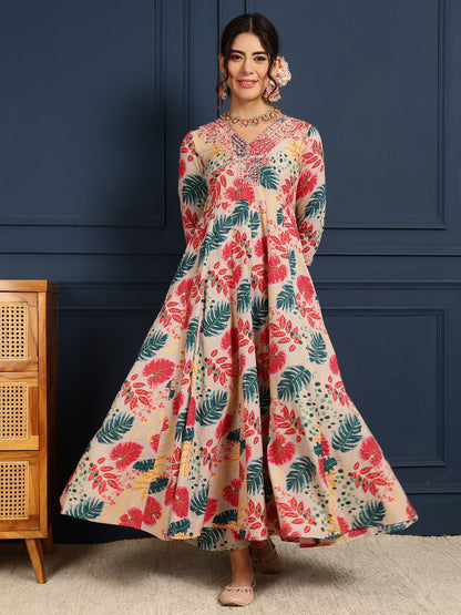 Cotton Calf Length Printed Flared 3/4 Sleeves V-Neck Kurta Bottom (Preorder)