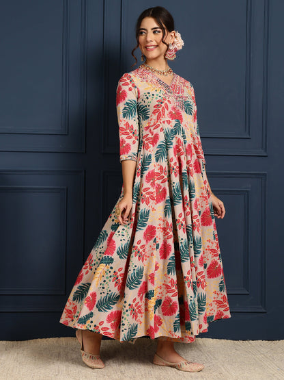 Cotton Calf Length Printed Flared 3/4 Sleeves V-Neck Kurta Bottom Dupatta Set
