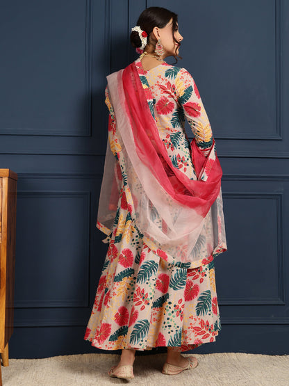 Cotton Calf Length Printed Flared 3/4 Sleeves V-Neck Kurta Bottom Dupatta Set