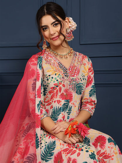 Cotton Calf Length Printed Flared 3/4 Sleeves V-Neck Kurta Bottom Dupatta Set
