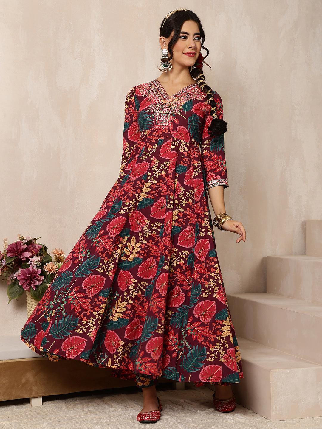 Cotton Calf Length Printed Flared 3/4 Sleeves V-Neck Kurta Bottom (Preorder)