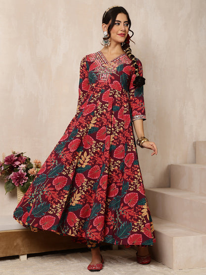 Cotton Calf Length Printed Flared 3/4 Sleeves V-Neck Kurta Bottom (Preorder)