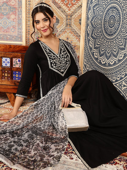 Rayon Calf Length Solid Flared 3/4 Sleeves V-Neck Kurta Bottom Dupatta Set (Preorder)