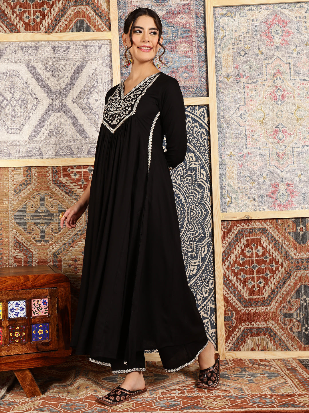 Rayon Calf Length Solid Flared 3/4 Sleeves V-Neck Kurta Bottom Dupatta Set (Preorder)