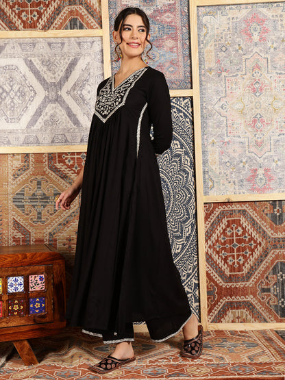 Rayon Calf Length Solid Flared 3/4 Sleeves V-Neck Kurta Bottom Dupatta Set (Preorder)