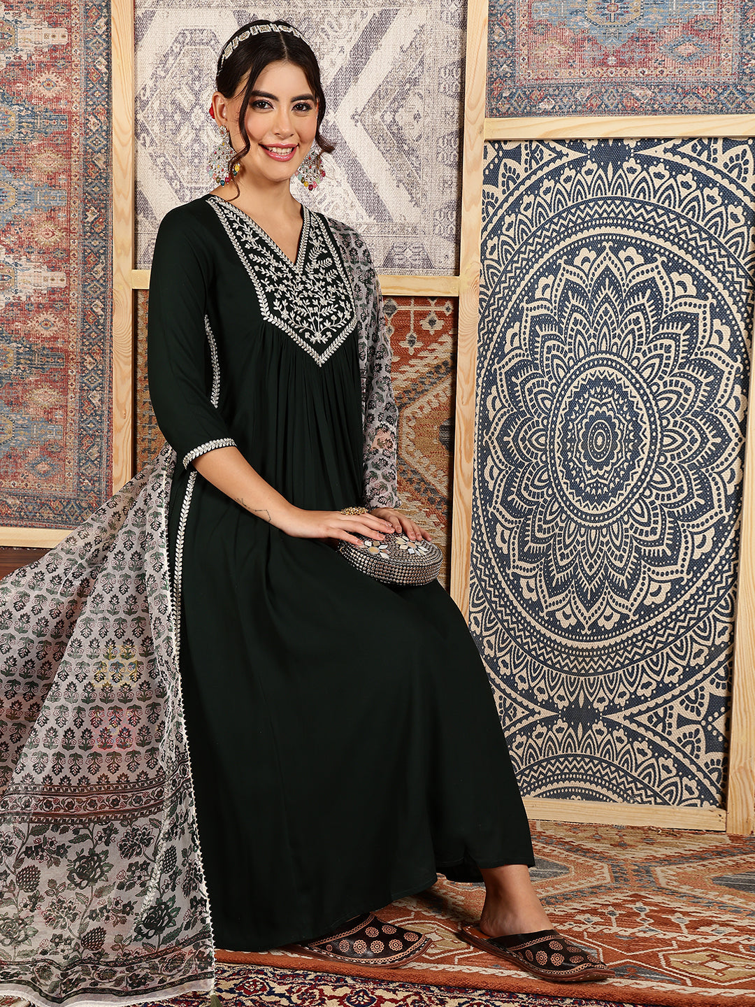 Rayon Calf Length Solid Flared 3/4 Sleeves V-Neck Kurta Bottom Dupatta Set