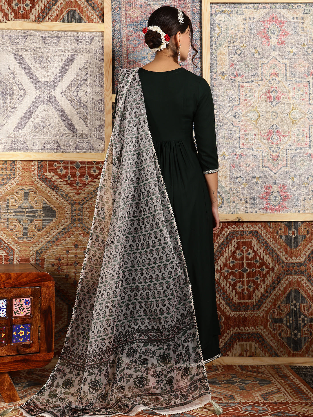 Rayon Calf Length Solid Flared 3/4 Sleeves V-Neck Kurta Bottom Dupatta Set