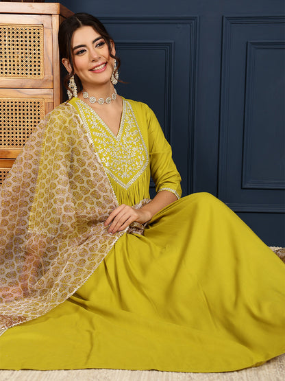 Rayon Calf Length Solid Flared 3/4 Sleeves V-Neck Kurta Bottom Dupatta Set (Preorder)