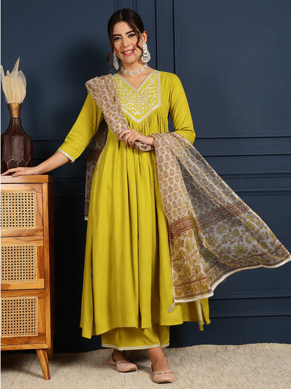 Rayon Calf Length Solid Flared 3/4 Sleeves V-Neck Kurta Bottom Dupatta Set (Preorder)