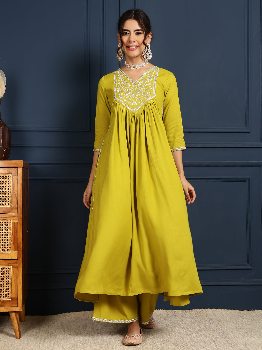 Rayon Calf Length Solid Flared 3/4 Sleeves V-Neck Kurta Bottom Dupatta Set