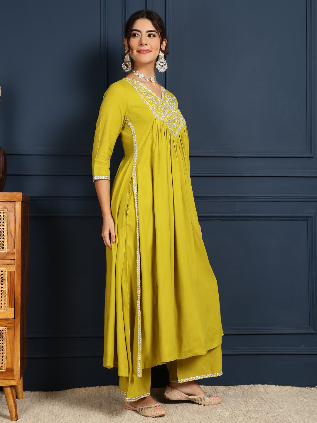 Rayon Calf Length Solid Flared 3/4 Sleeves V-Neck Kurta Bottom Dupatta Set (Preorder)