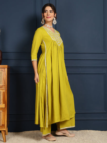Rayon Calf Length Solid Flared 3/4 Sleeves V-Neck Kurta Bottom Dupatta Set (Preorder)