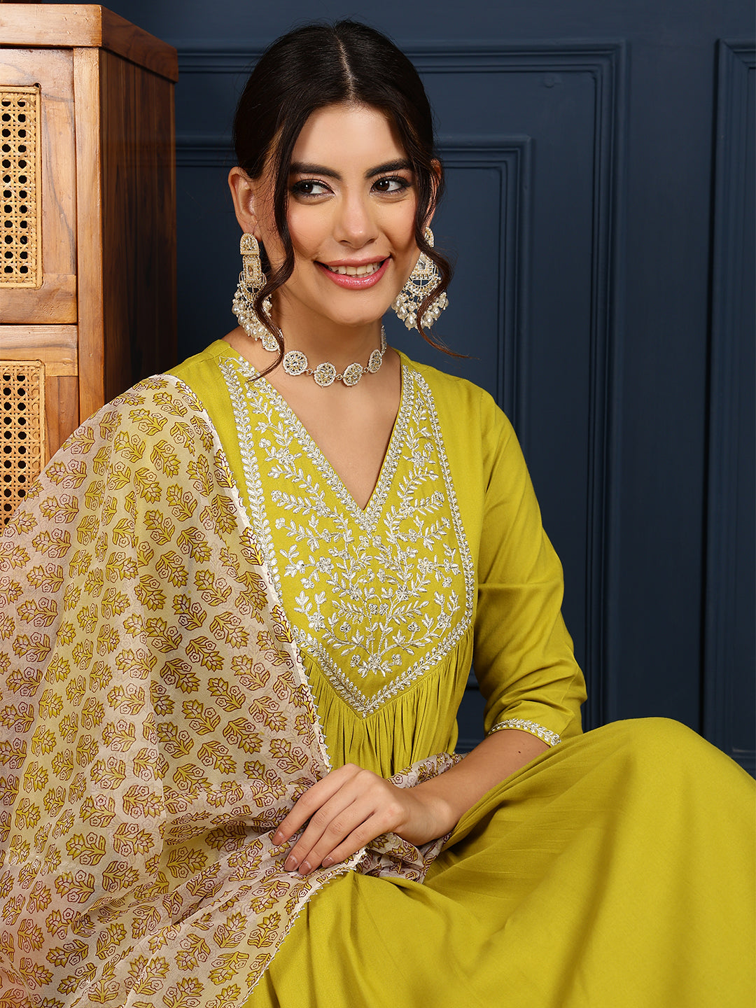 Rayon Calf Length Solid Flared 3/4 Sleeves V-Neck Kurta Bottom Dupatta Set