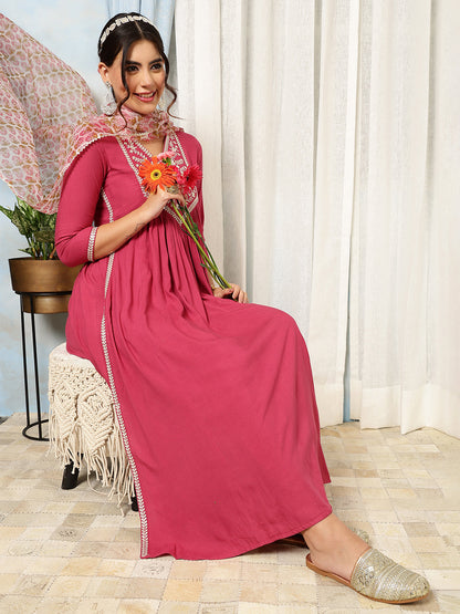 Rayon Calf Length Solid Flared 3/4 Sleeves V-Neck Kurta Bottom Dupatta Set