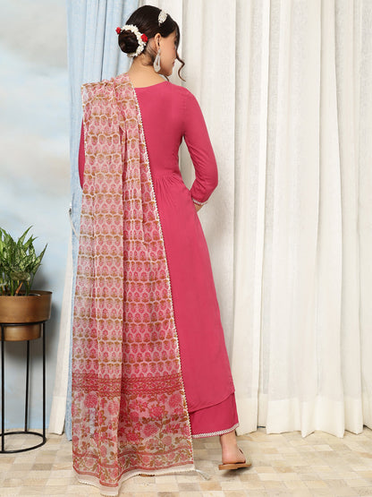 Rayon Calf Length Solid Flared 3/4 Sleeves V-Neck Kurta Bottom Dupatta Set