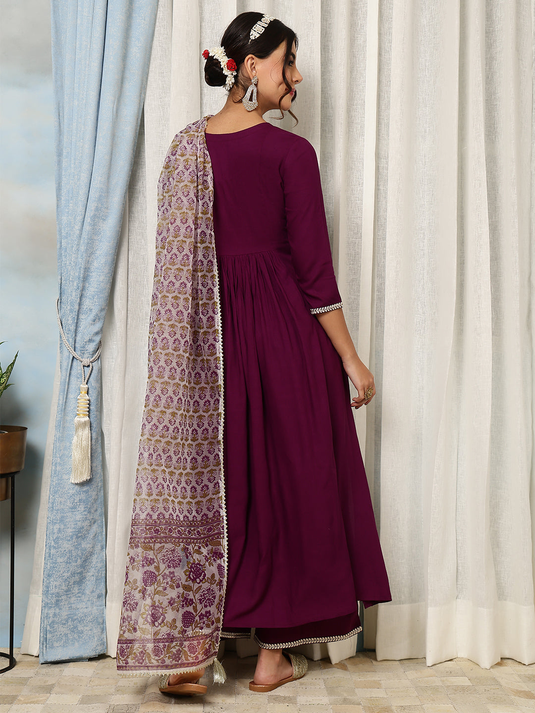 Rayon Calf Length Solid Flared 3/4 Sleeves V-Neck Kurta Bottom Dupatta Set