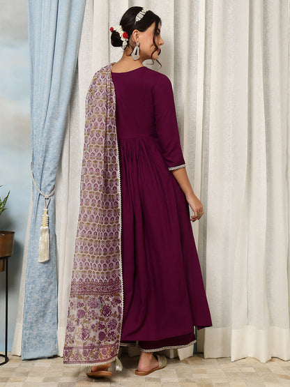 Rayon Calf Length Solid Flared 3/4 Sleeves V-Neck Kurta Bottom Dupatta Set