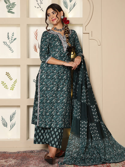 Cotton Calf Length Printed Straight 3/4 Sleeves V-Neck Kurta Bottom Dupatta Set (Preorder)