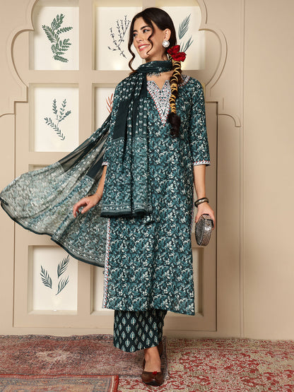 Cotton Calf Length Printed Straight 3/4 Sleeves V-Neck Kurta Bottom Dupatta Set