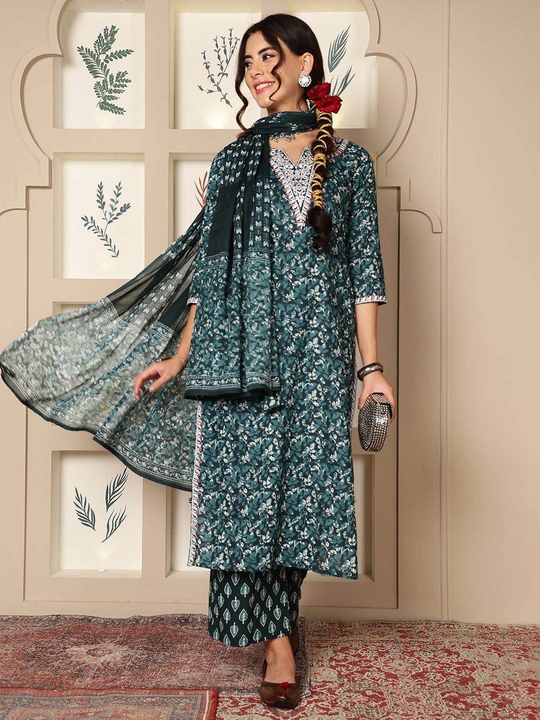Cotton Calf Length Printed Straight 3/4 Sleeves V-Neck Kurta Bottom Dupatta Set (Preorder)