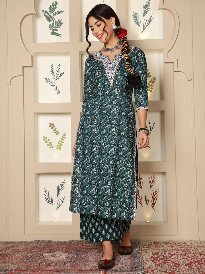 Cotton Calf Length Printed Straight 3/4 Sleeves V-Neck Kurta Bottom Dupatta Set