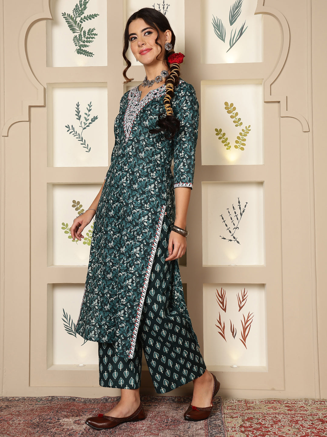 Cotton Calf Length Printed Straight 3/4 Sleeves V-Neck Kurta Bottom Dupatta Set